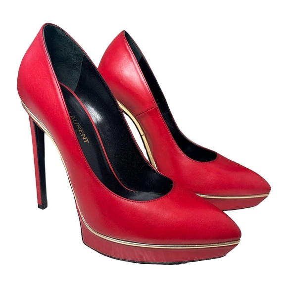 Saint Laurent | Red Leather Gold Trim Platform Stiletto Heels Size 37 - Picture 1 of 13